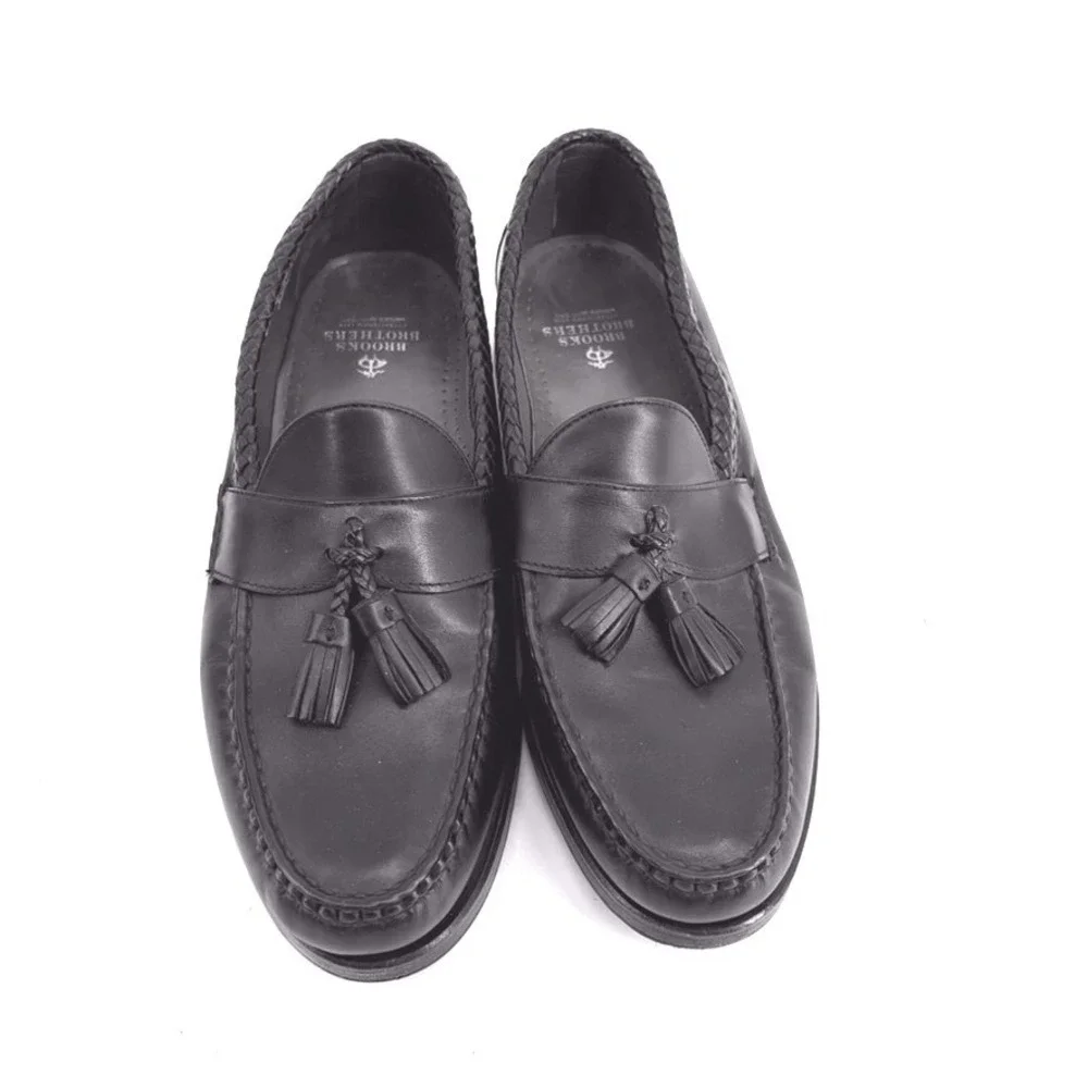 Brooks Brothers Tassel Loafers 10 D Black Leather Braided Trim Hand Sewn Shoes
